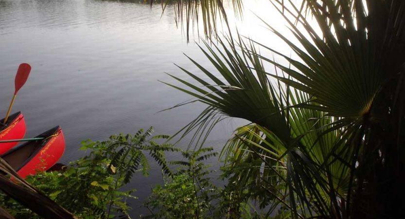 On the right side of the photo, tropical leaves frame a calm body of water. On the left side, the tips of two red canoes can be seen floating on the water. 